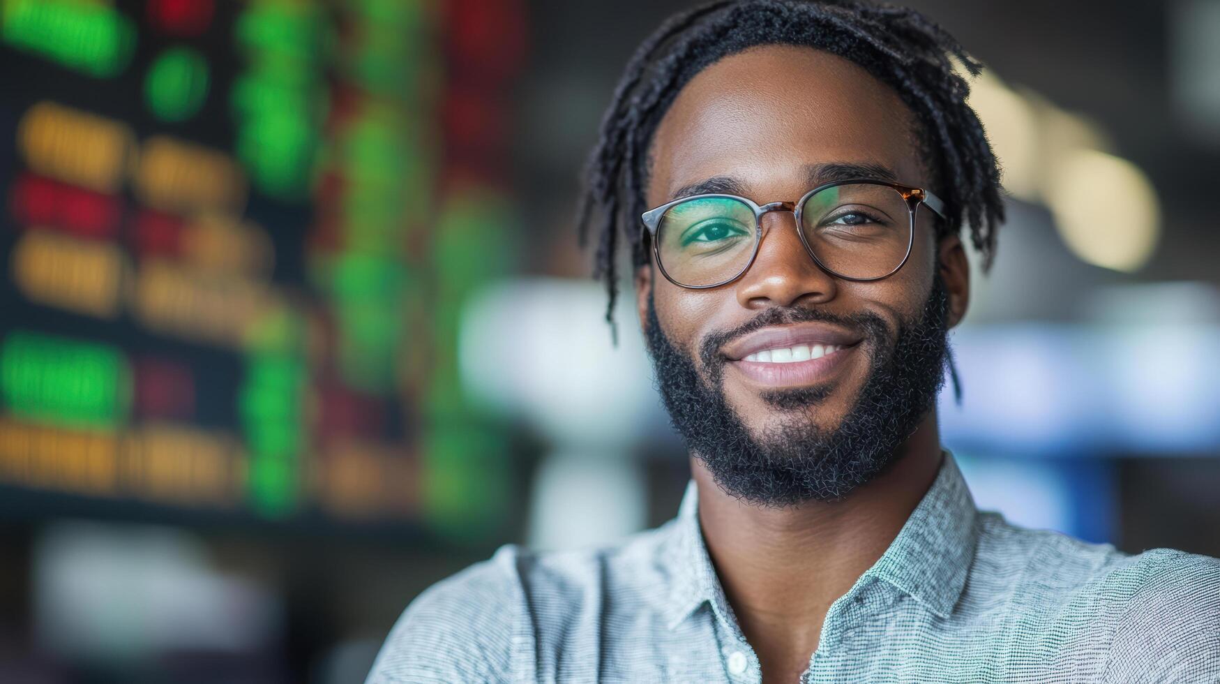 Successful stock trader smiling confidently in financial environment photo