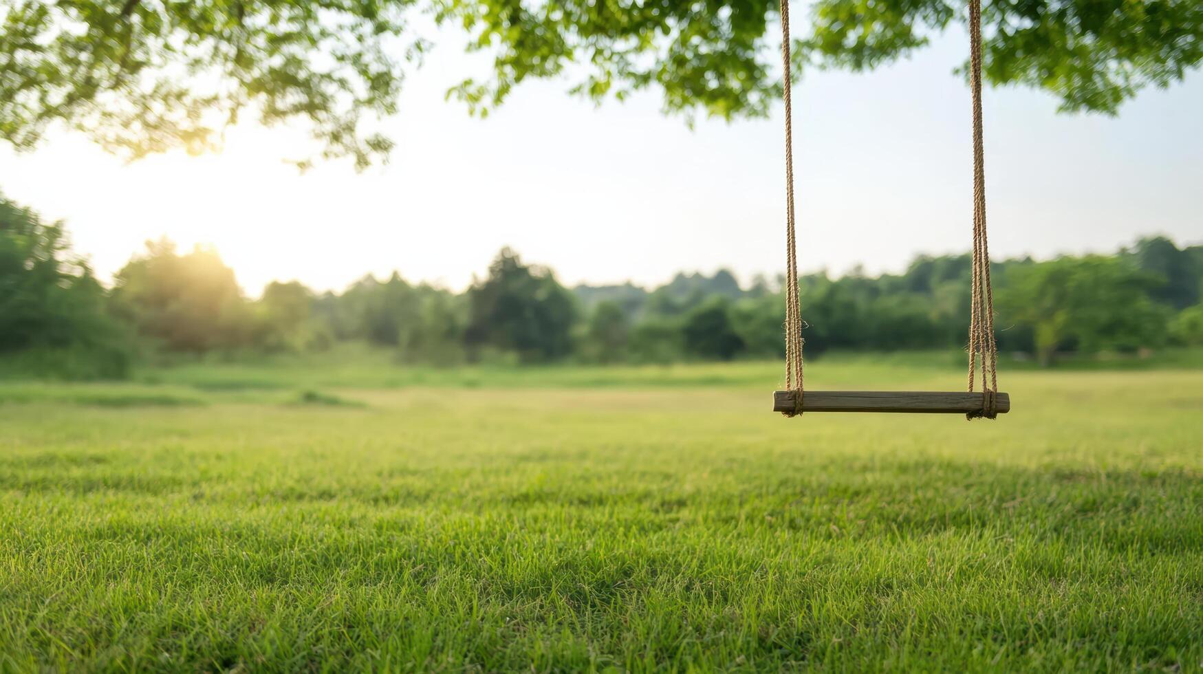 swing hanging from large oak tree gently swaying in serene landscape photo