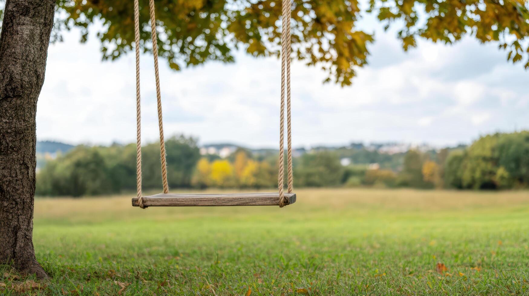 swing hanging from tree in serene landscape, surrounded by lush greenery and distant hills photo