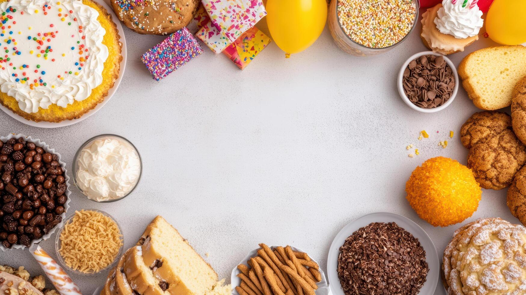 Colorful birthday decorations and variety of sweet treats create festive atmosphere photo
