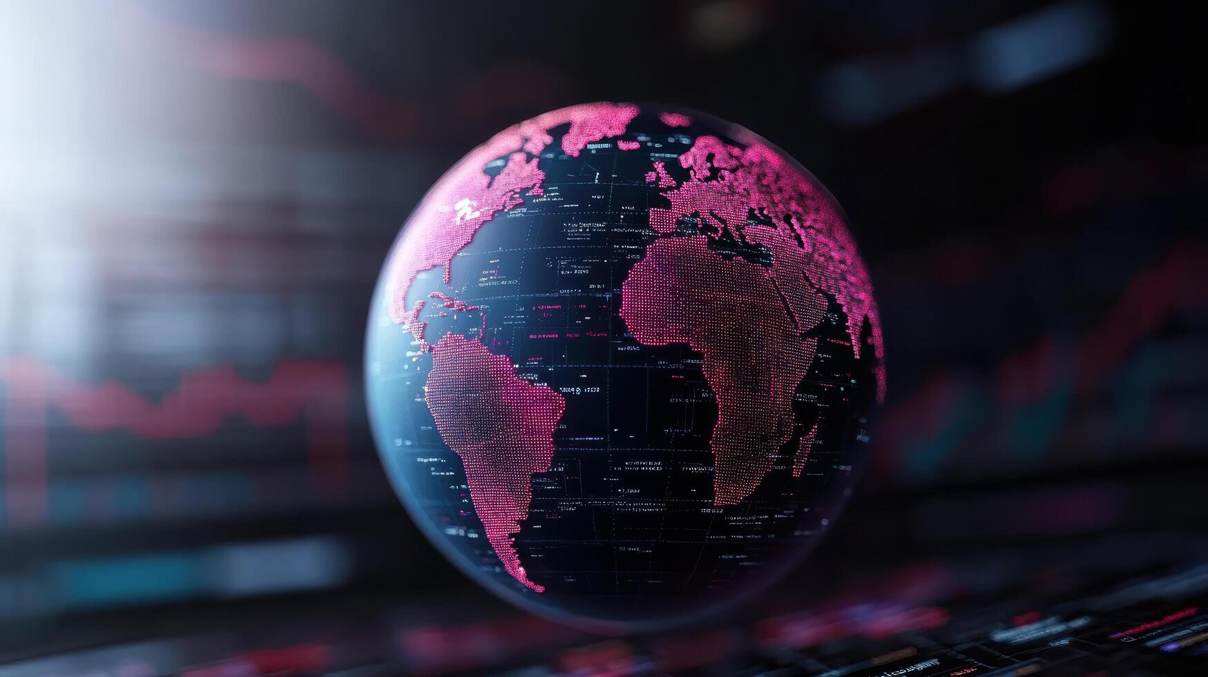 3D globe with financial charts indicating international data and trends. vibrant pink highlights photo