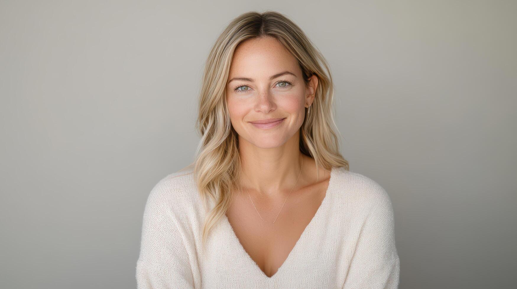 A woman with blonde hair and a white sweater photo