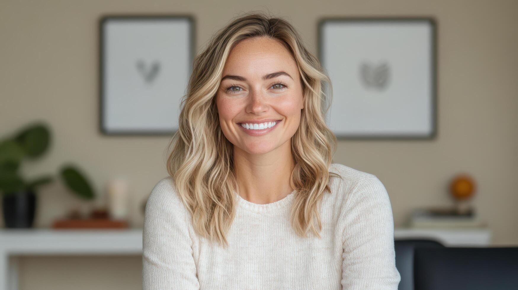 A woman smiling in front of a computer photo