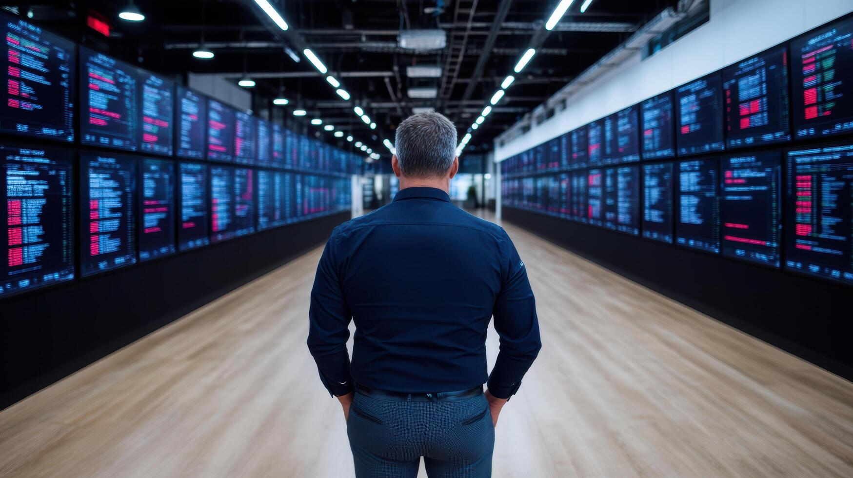 Man standing in front of a large display of stock market data photo
