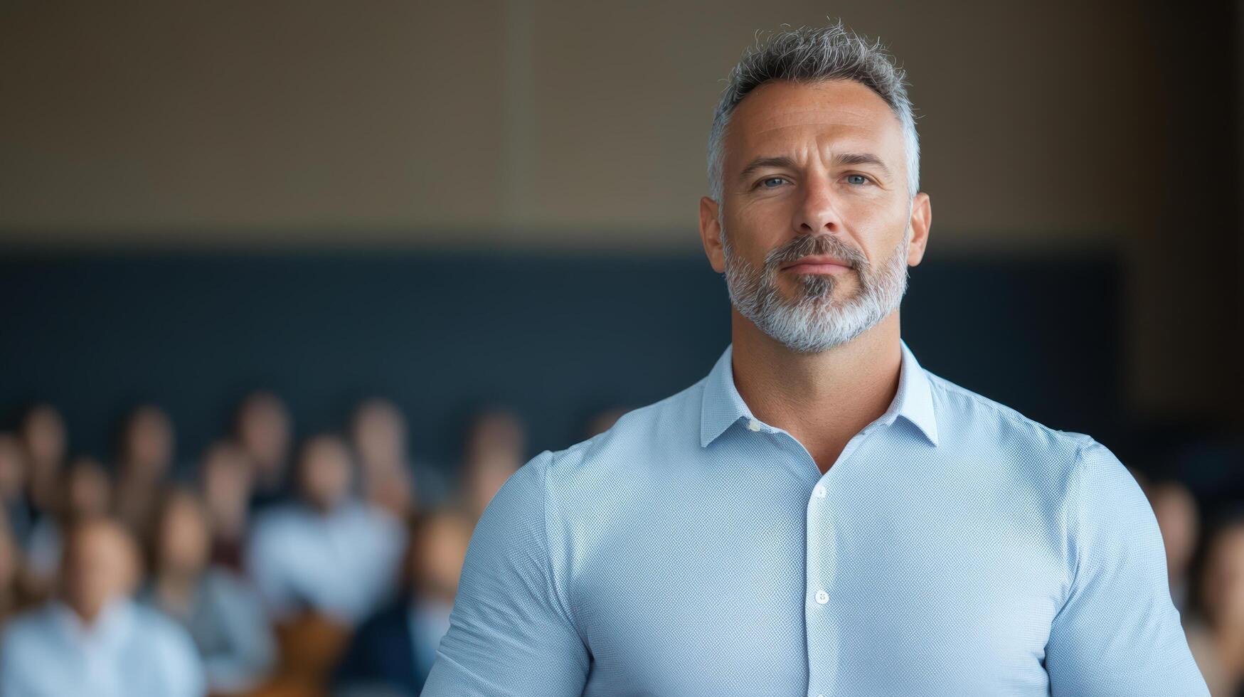 A man with a beard standing in front of a classroom photo