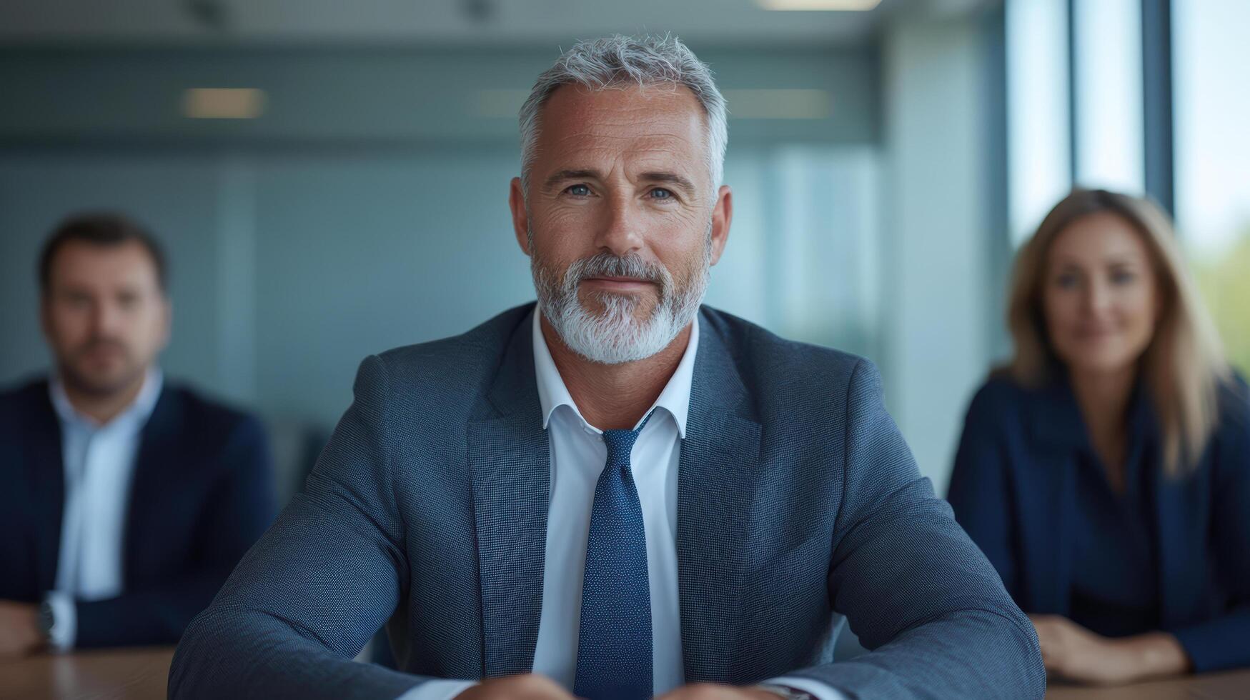 A man in a suit and tie sitting in front of his colleagues photo
