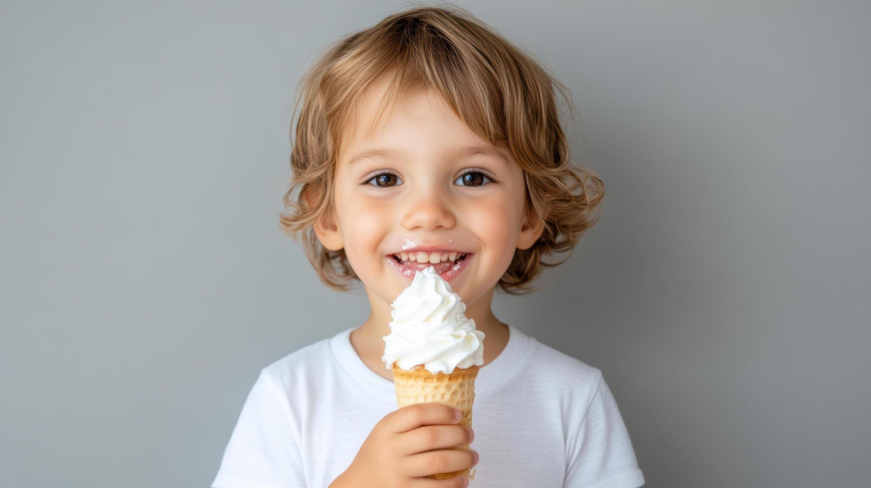 happy child enjoying delicious ice cream cone with big smile photo