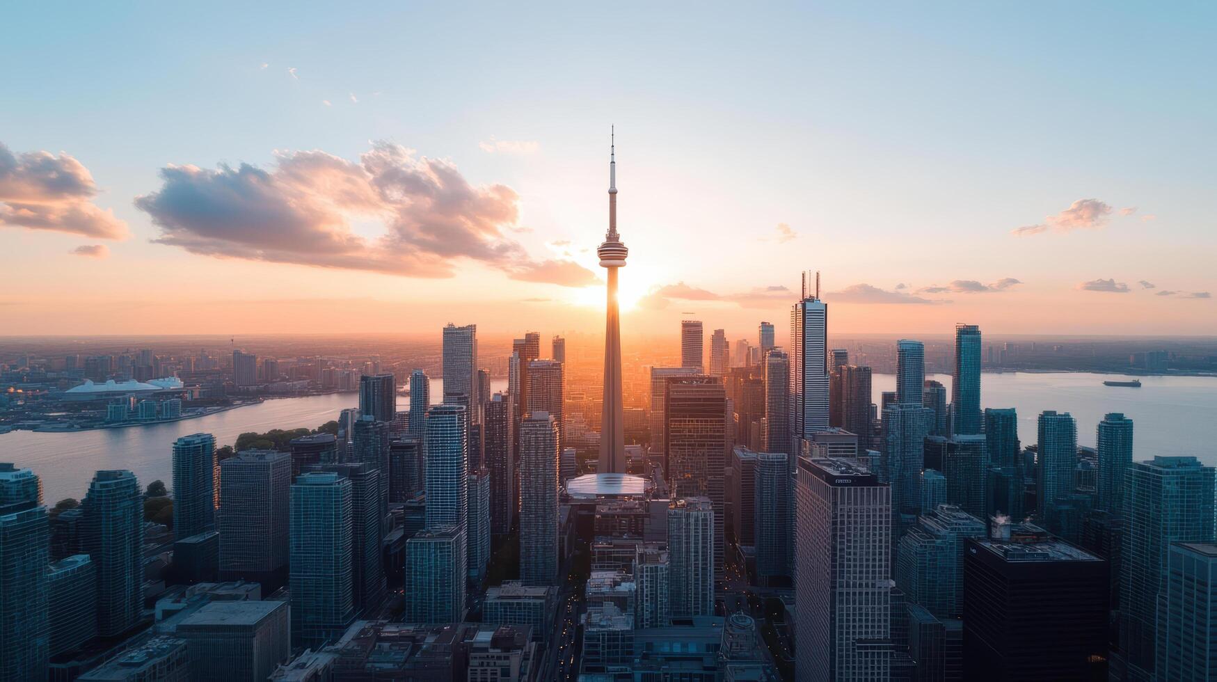 Aerial view of city skyline during golden hour, featuring skyscrapers and prominent tower photo