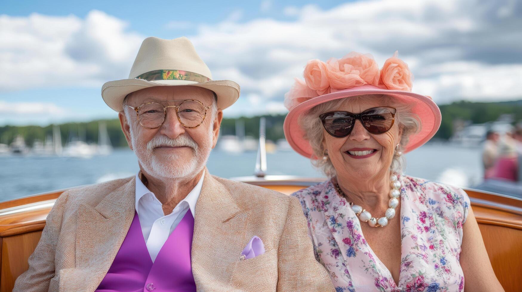 charming couple enjoys classic boat cruise, dressed elegantly for occasion photo