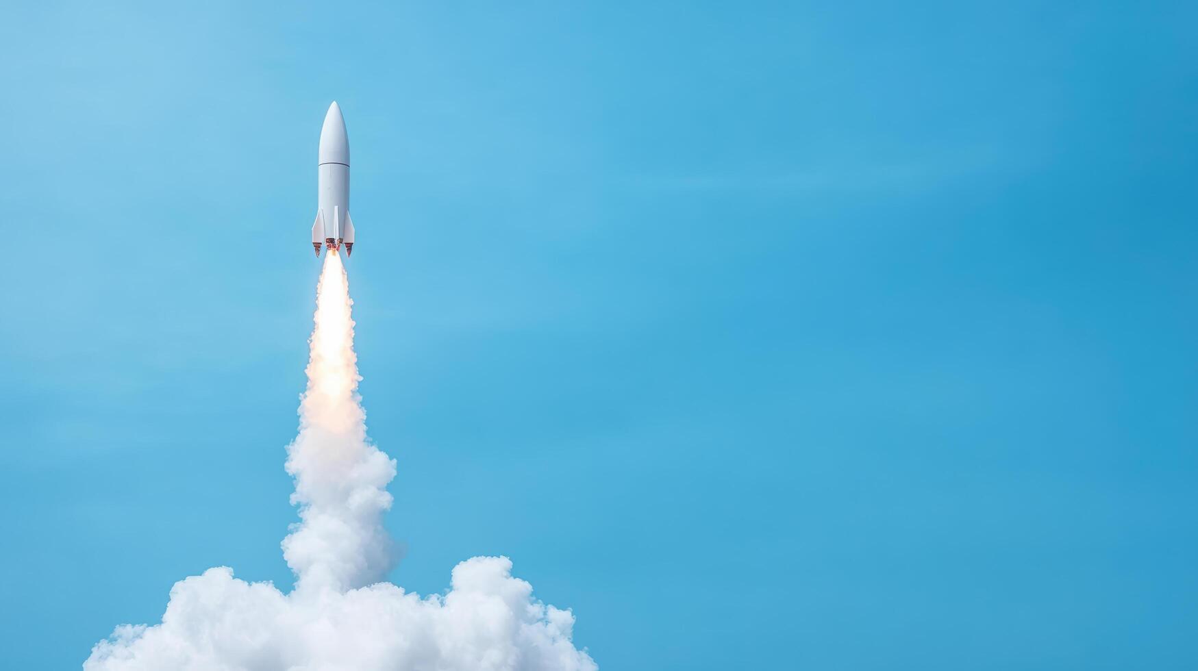 Rocket launch against clear blue sky, showcasing powerful ascent and dynamic motion photo