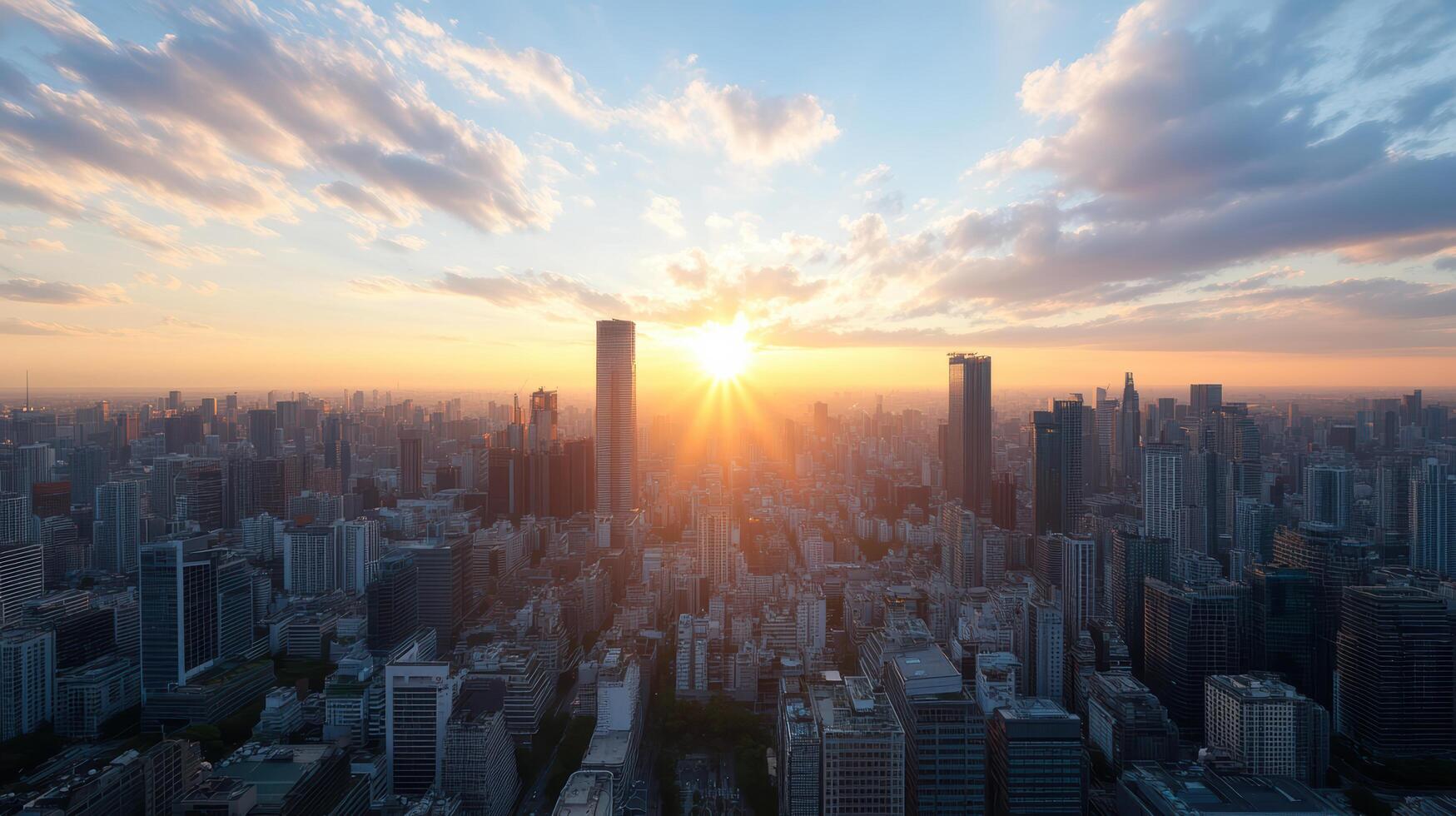 Aerial view of city skyline during sunset, showcasing skyscrapers and vibrant clouds photo