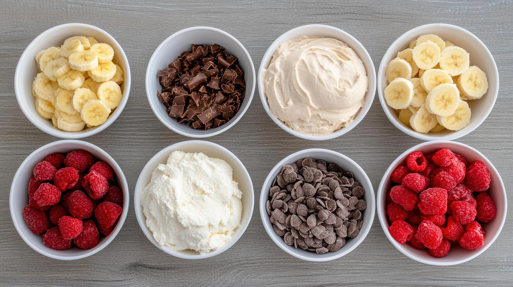 Delicious toppings for banana split, including fruits and chocolate photo