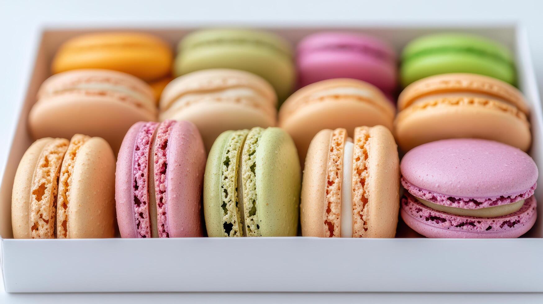 Delightful macarons in gift box, showcasing vibrant colors and flavors photo