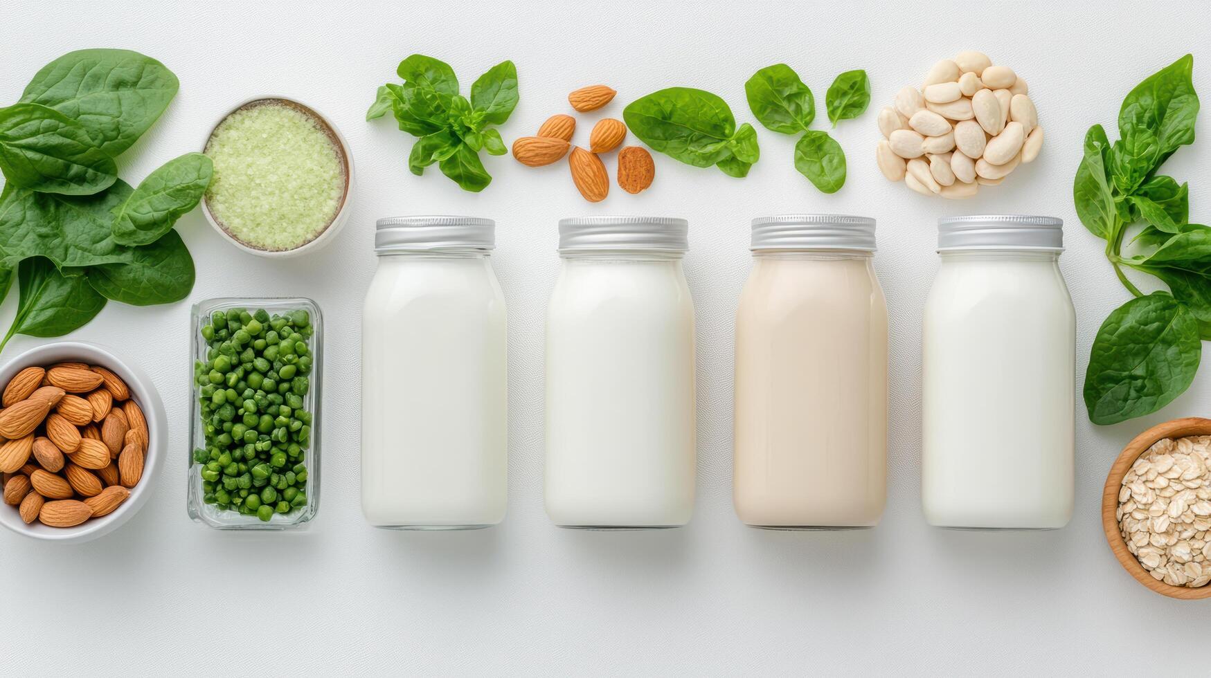 Various types of dairy products including milk, cheese, nuts and spinach photo