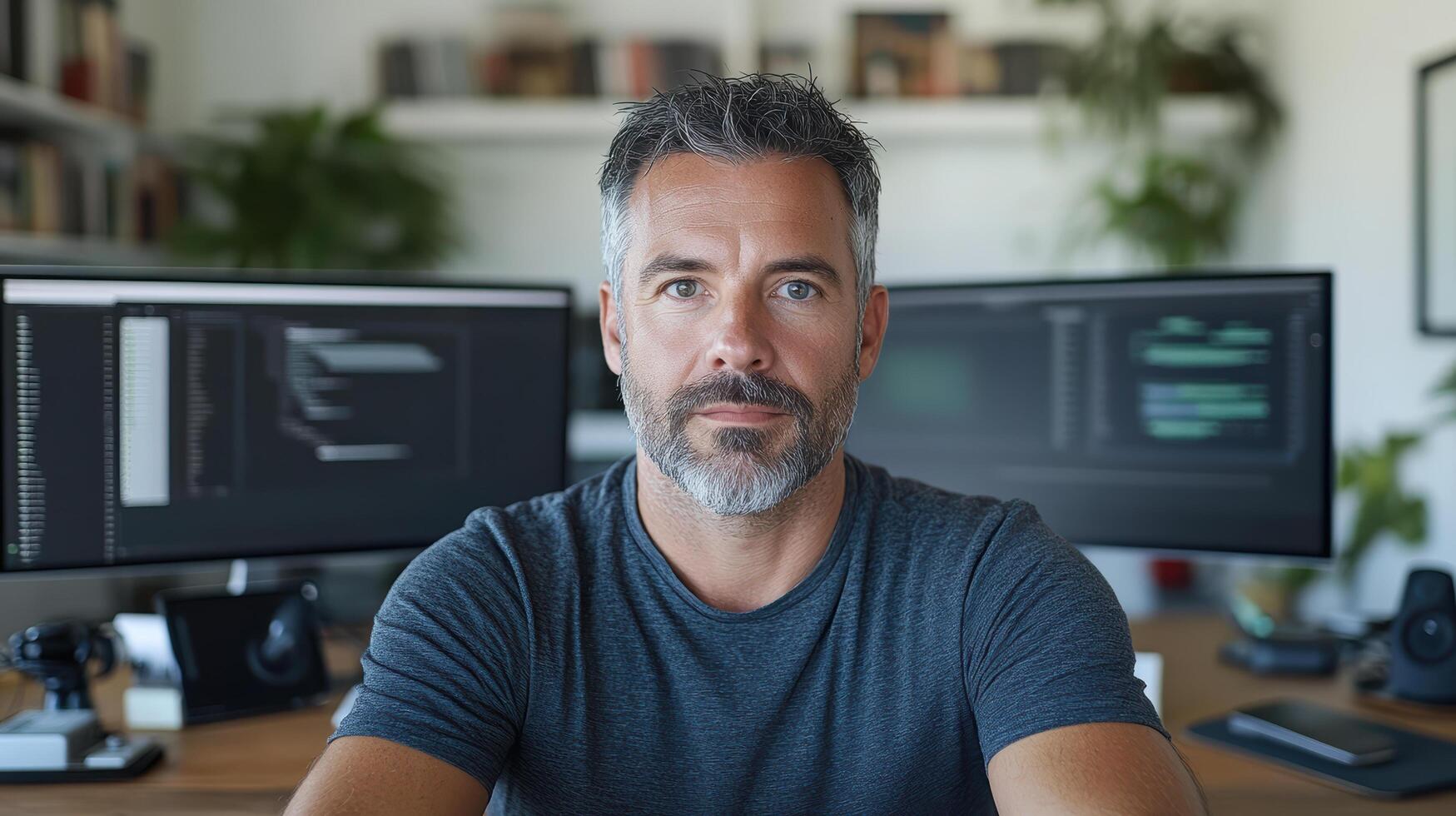 Professional man working in modern office with dual monitors displaying code photo