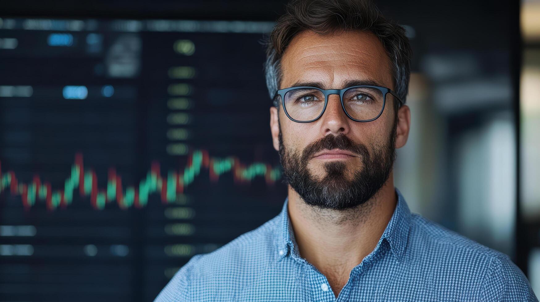Professional man with glasses and beard, focused on stock market analysis photo