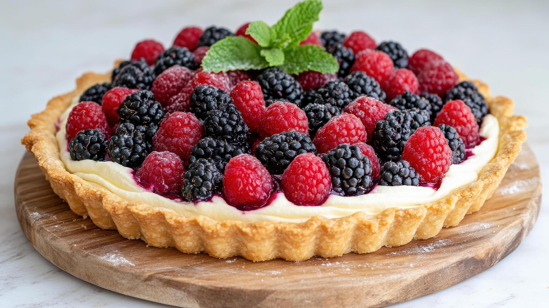 delicious berry tart featuring flaky crust topped with fresh raspberries and blackberries photo