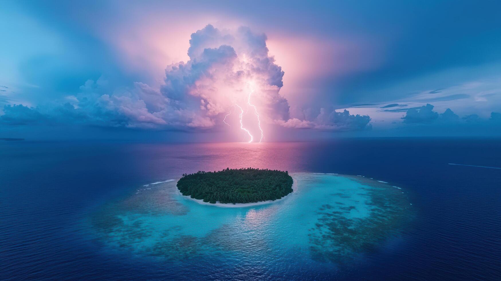 Lightning strikes over an island in the middle of the ocean photo