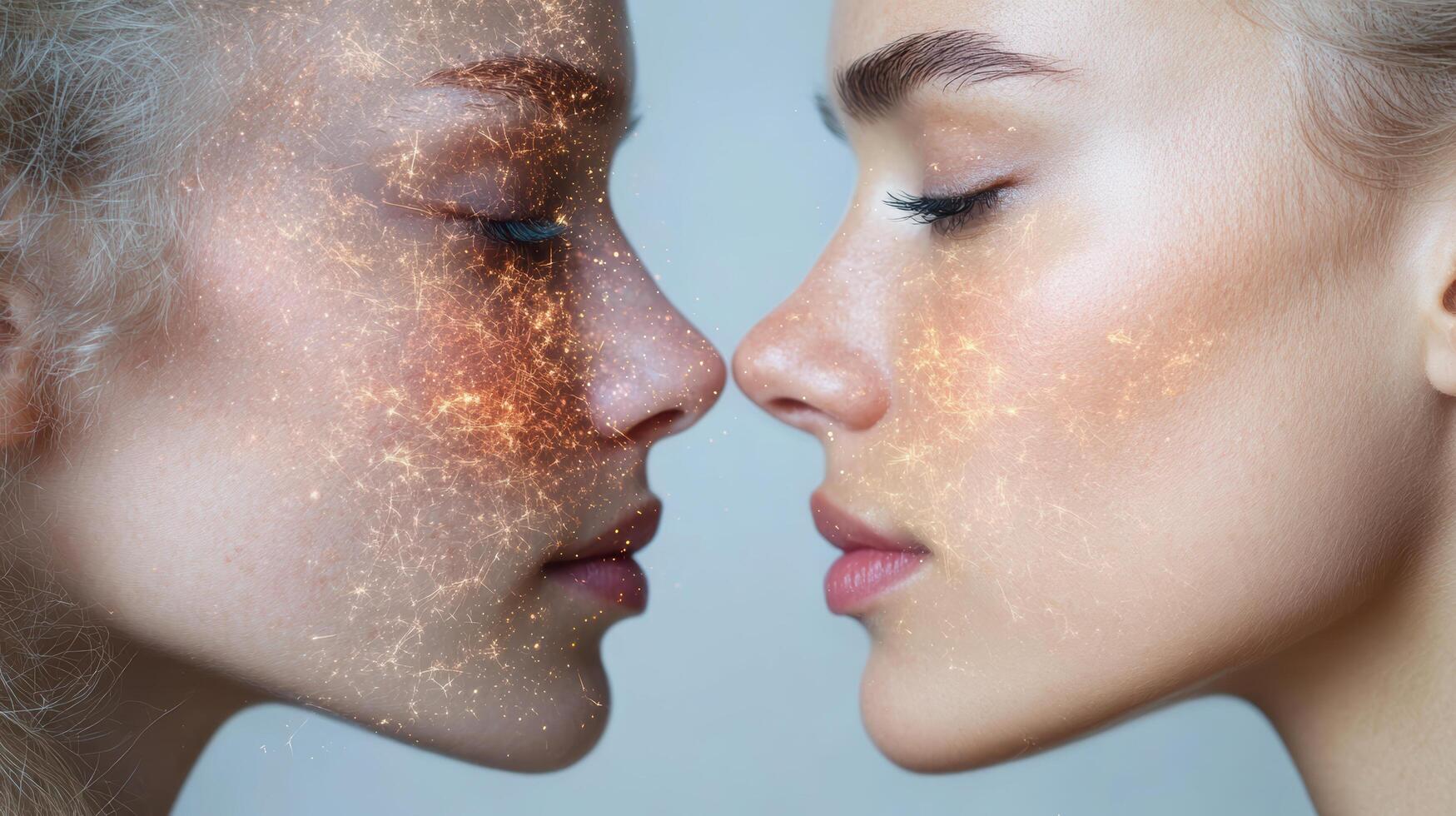 Two women with glowing skin and glowing eyes photo