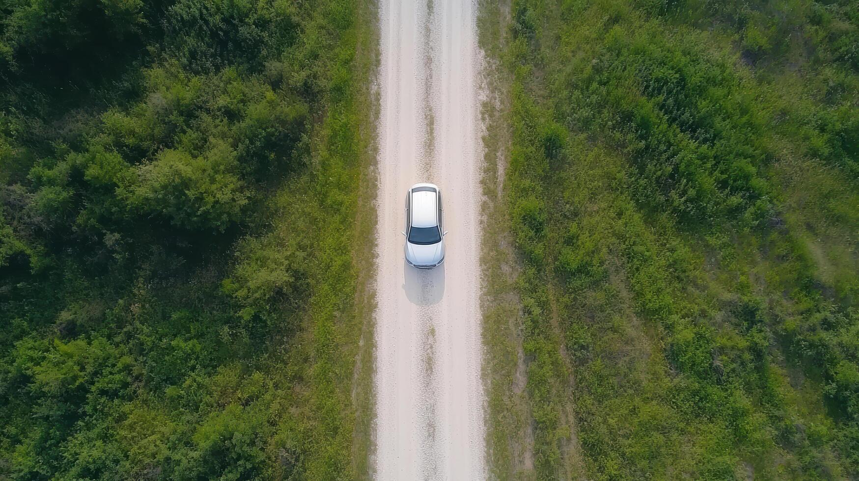 Aerial view of a car driving on a dirt road in the forest photo