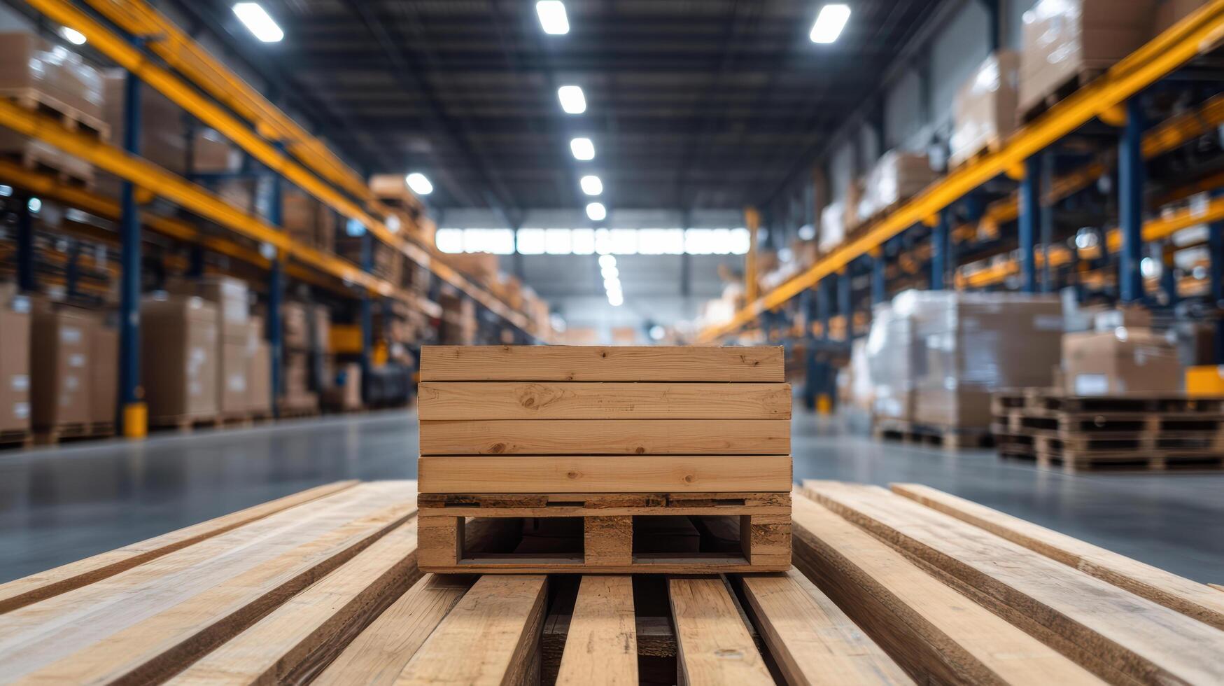 A wooden pallet sits on top of a wooden pallet rack photo