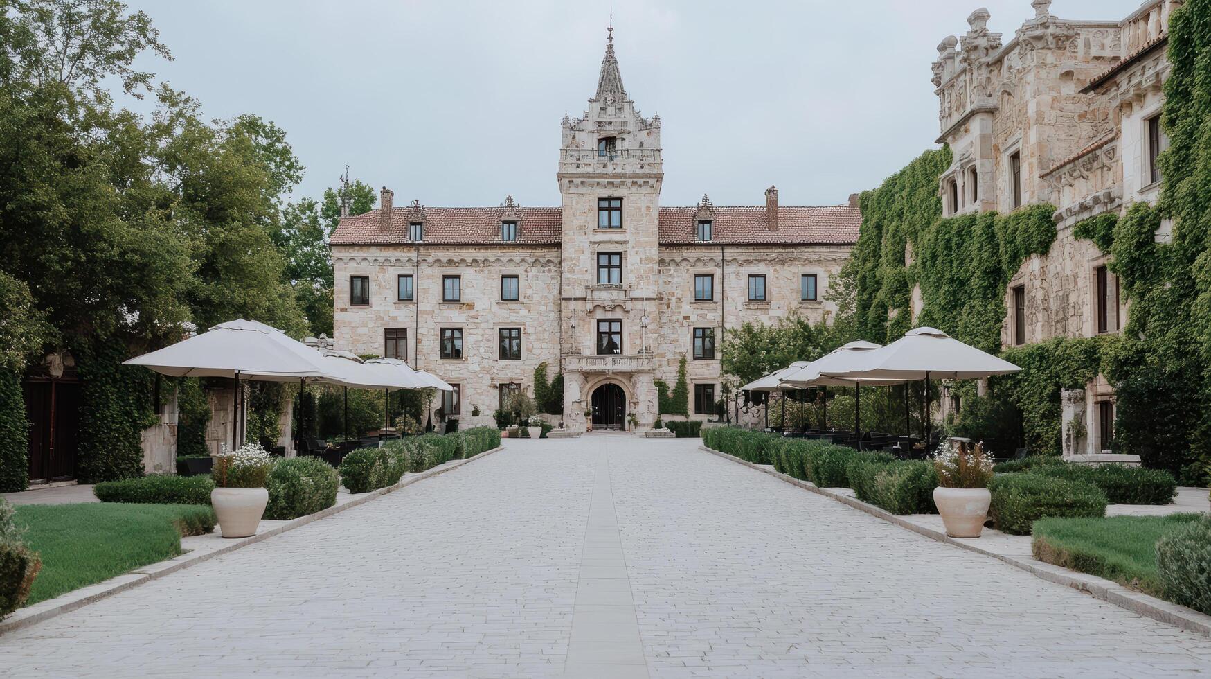 A courtyard with a large building in the background photo