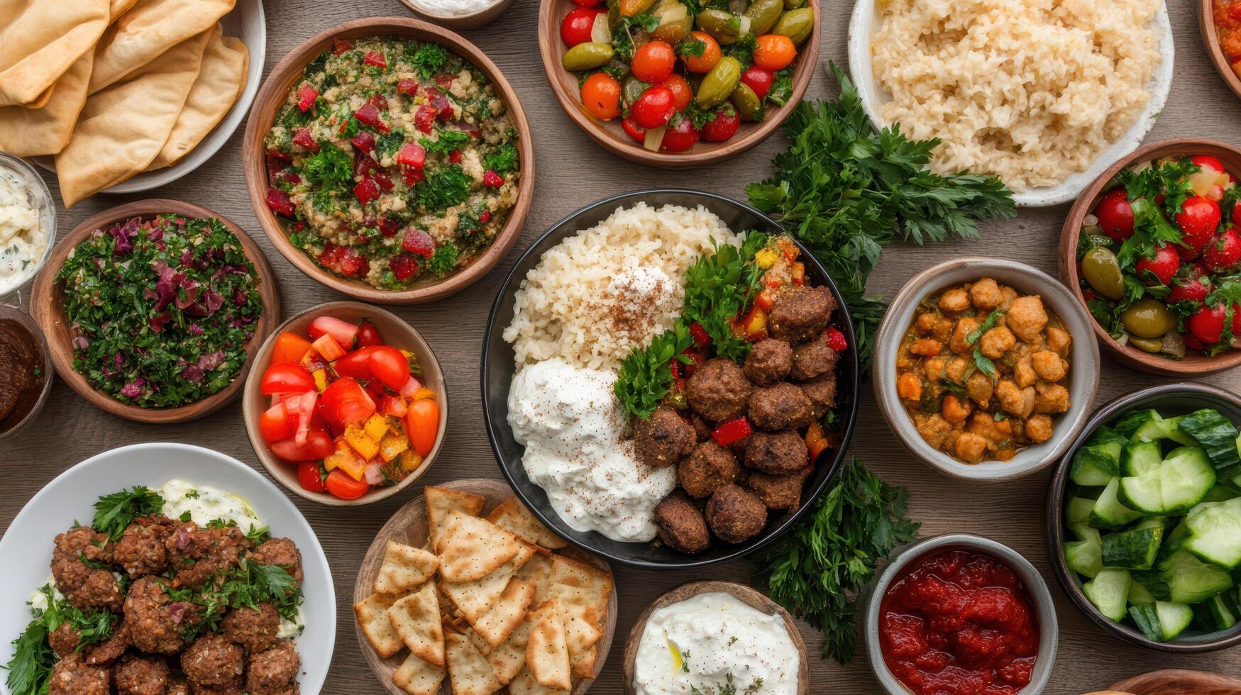 vibrant festive table spread featuring various dishes, including rice, salads, and meatballs photo