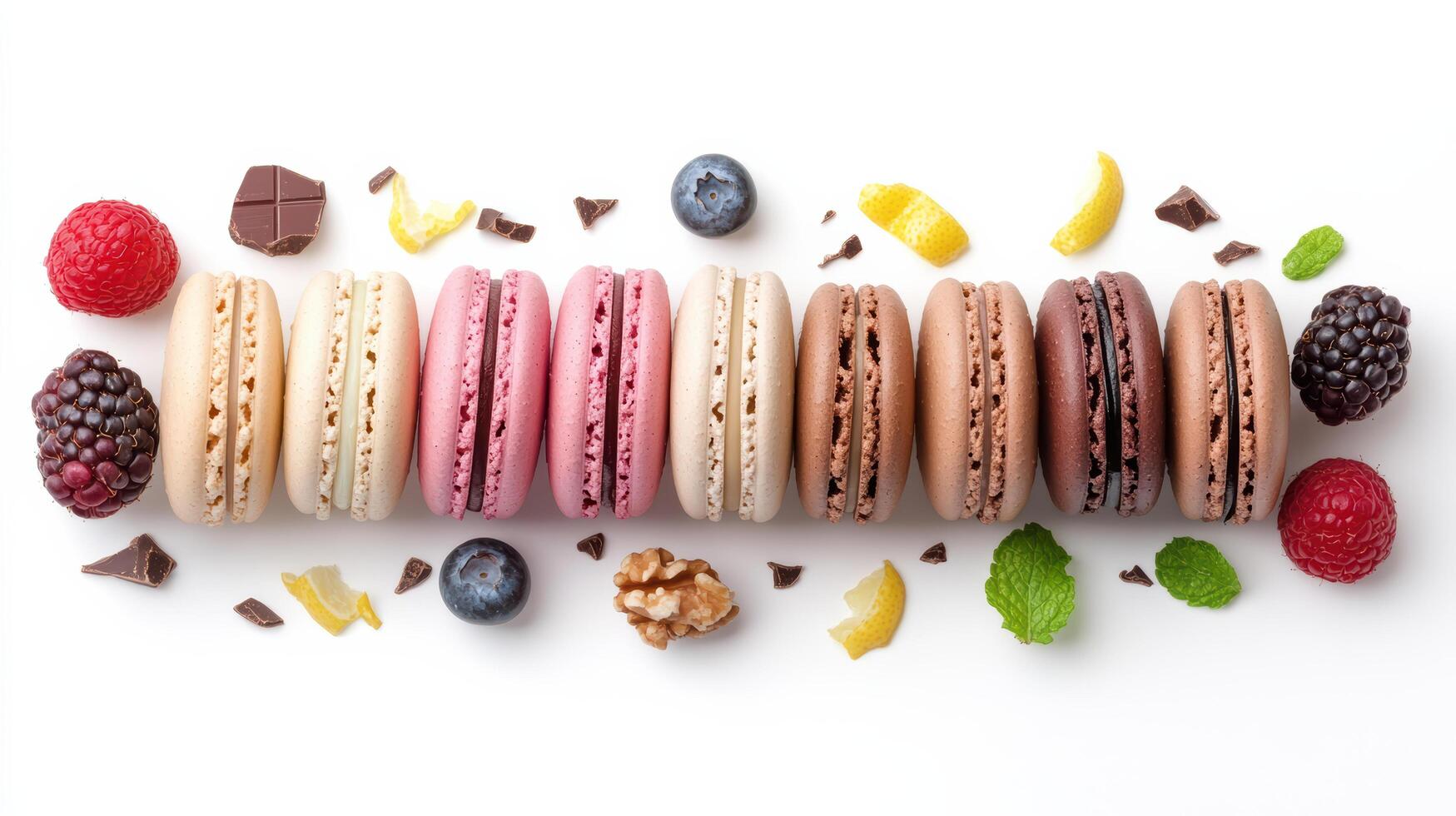 Delightful macarons arranged in colorful line with fresh berries and chocolate photo