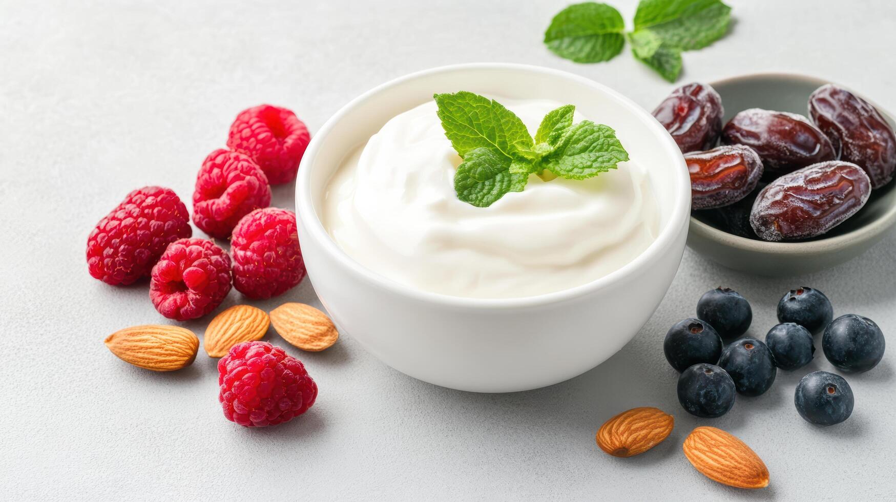 Creamy yogurt with fresh berries and nuts creates healthy snack option photo