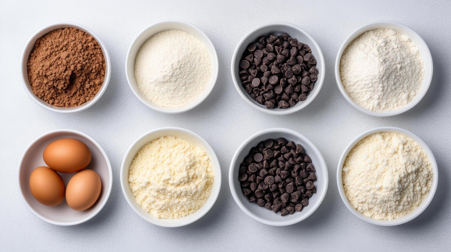Rich ingredients for baking chocolate chip cookies arranged in bowls create delightful scene photo