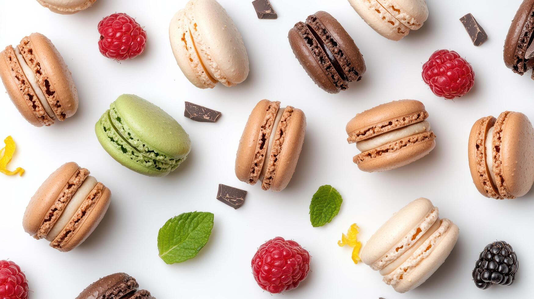 Delightful macarons arranged with fresh fruits and chocolate pieces create vibrant display photo