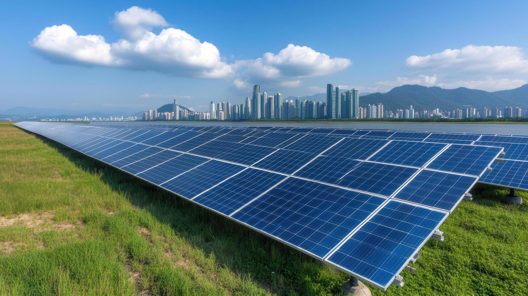 Solar panels in the field with city in the background photo