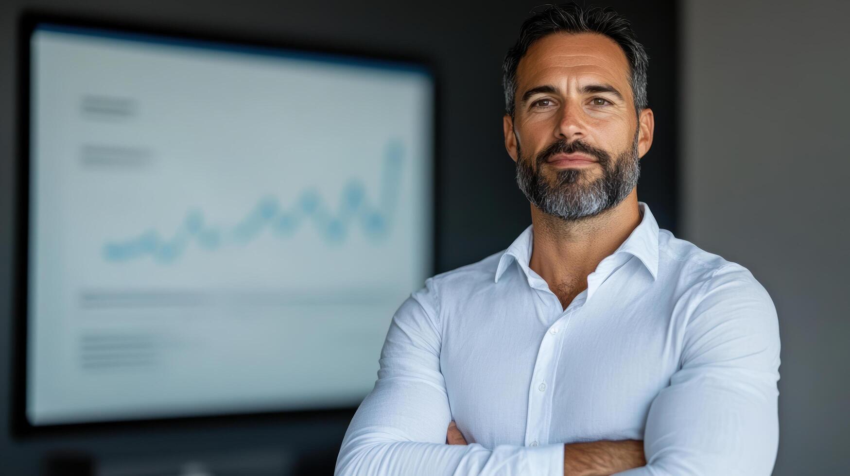 A man with a beard and a white shirt standing in front of a screen photo