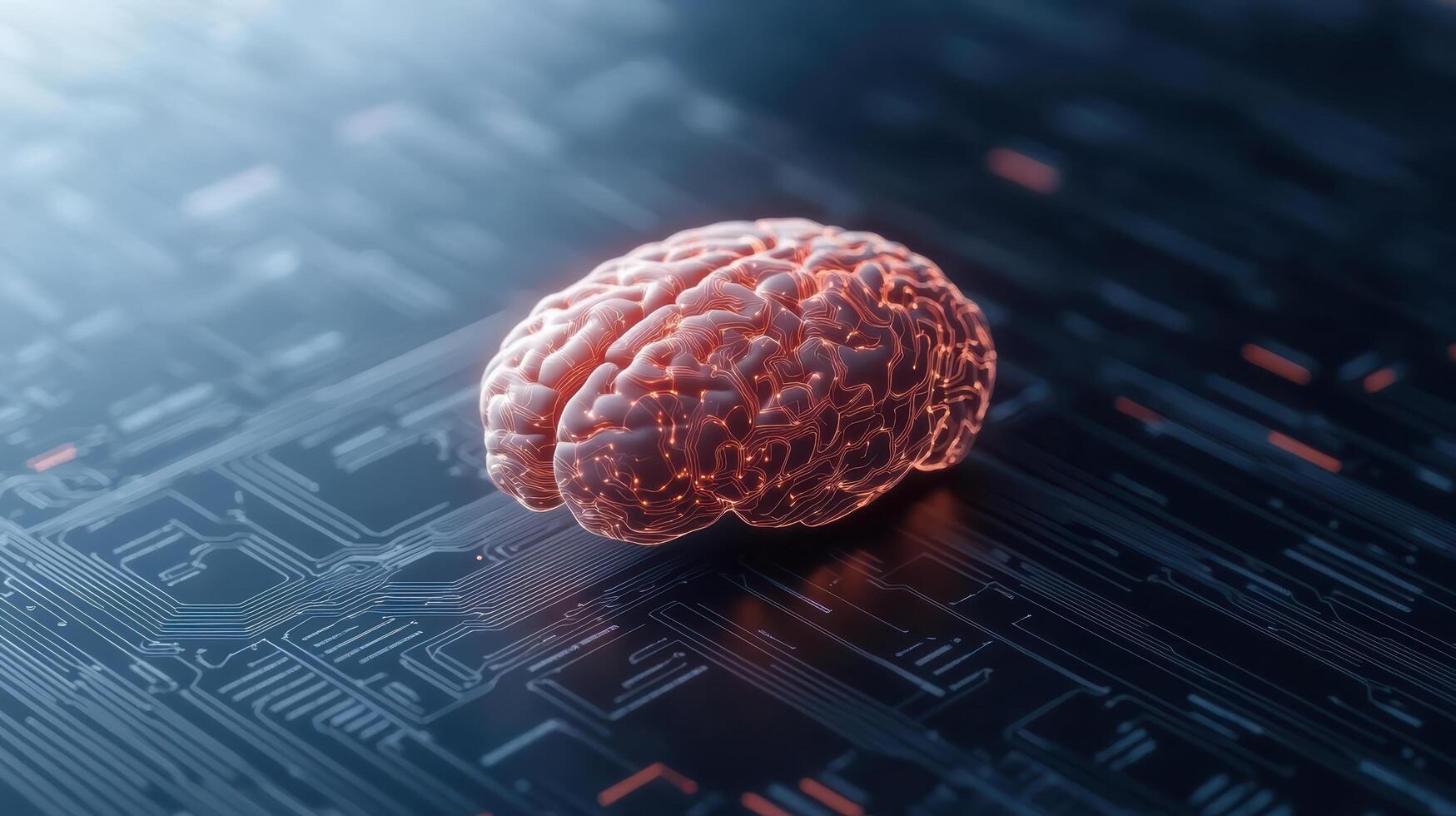 digital brain concept with glowing neural pathways on circuit board background photo