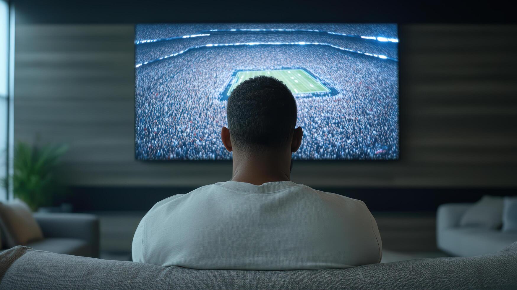 person watching sports game on large screen in modern living room, feeling excitement photo