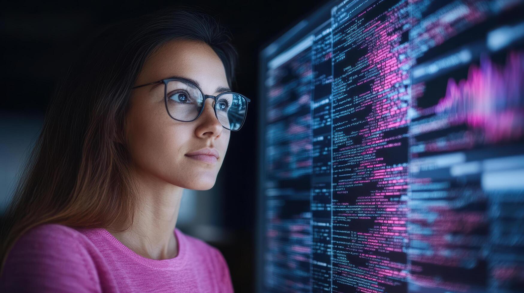 Focused woman analyzing data on screen, showcasing technology and programming skills photo
