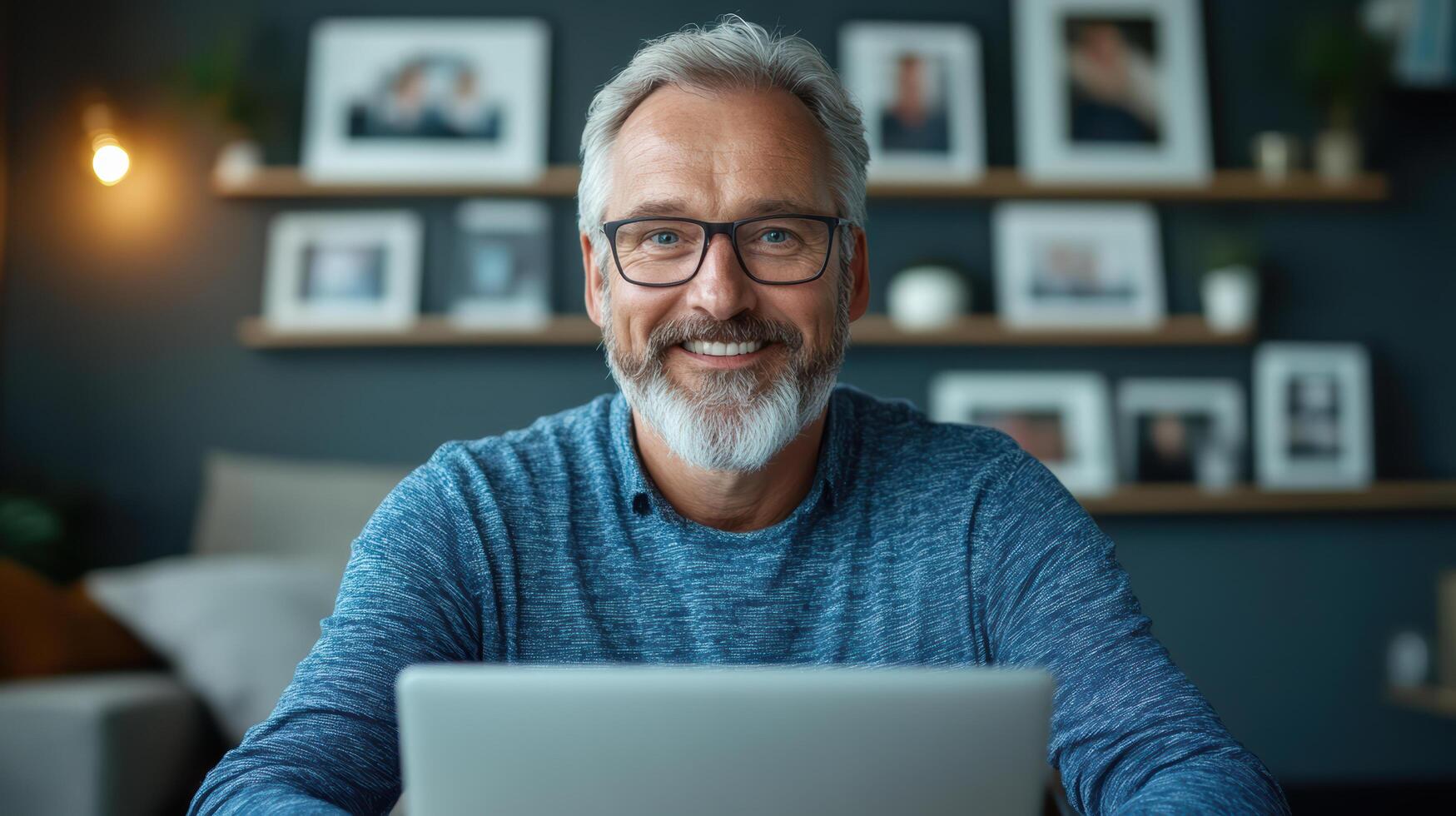 Smiling man with glasses working on laptop in cozy home office, exuding warmth and confidence photo