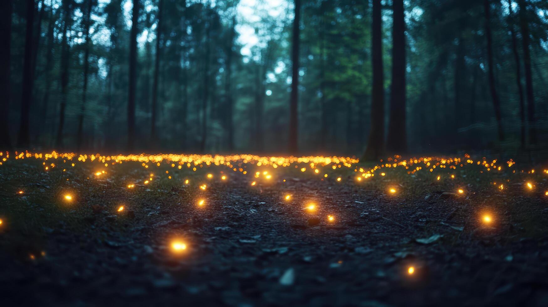 serene forest scene illuminated by glowing fireflies, creating magical atmosphere photo