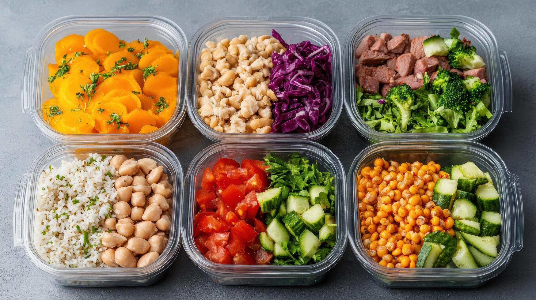 Healthy meal prep containers filled with colorful ingredients like vegetables, grains photo