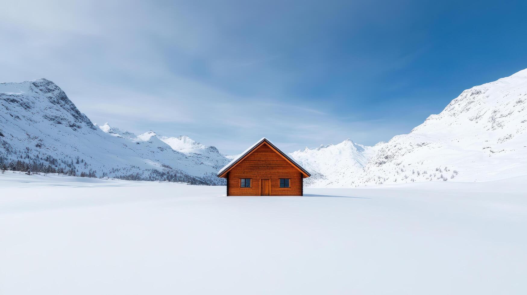 serene winter scene featuring single wooden cabin surrounded by vast snow covered landscapes photo