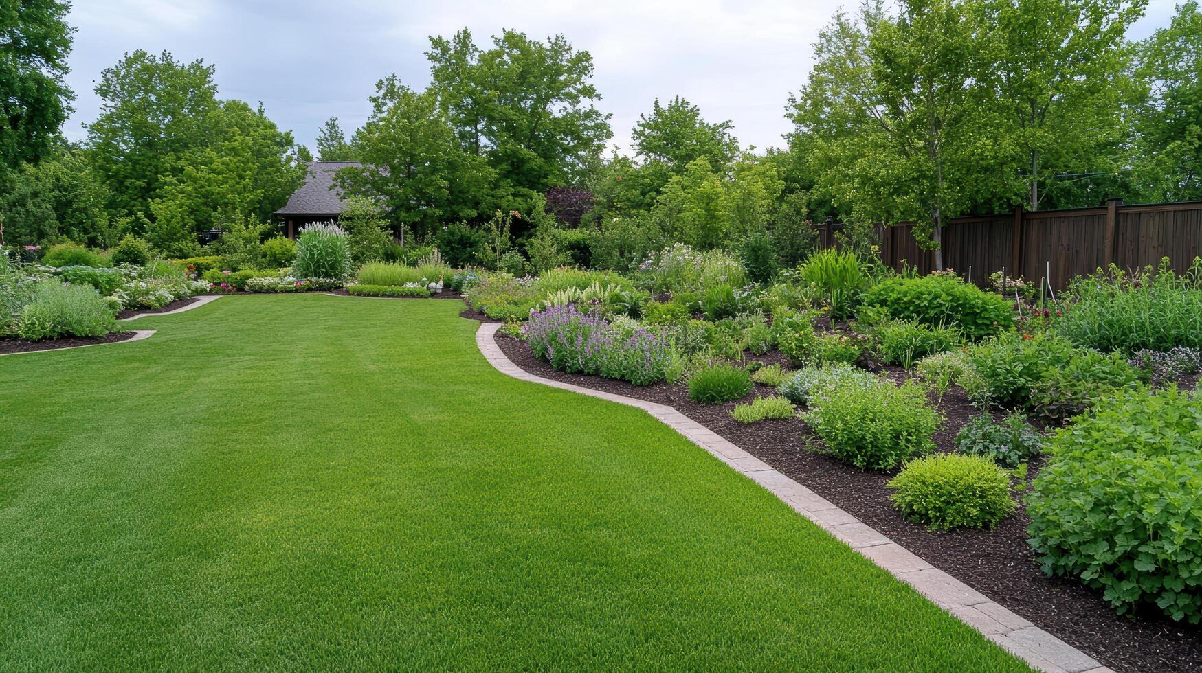 lush garden landscape featuring vibrant greenery, diverse plants, and well maintained lawn photo