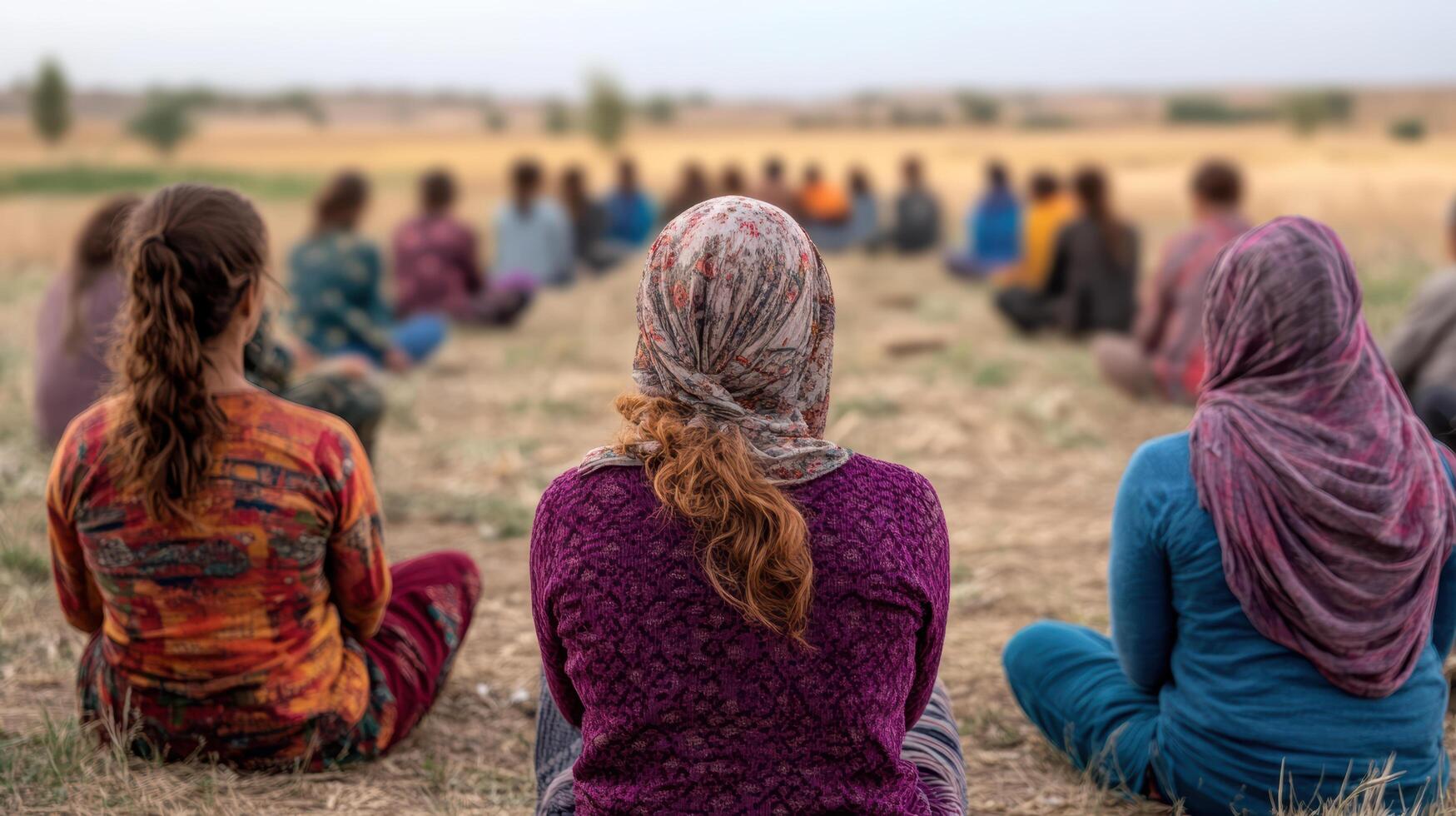 serene gathering of individuals natural setting, engaged moment of reflection and connection photo
