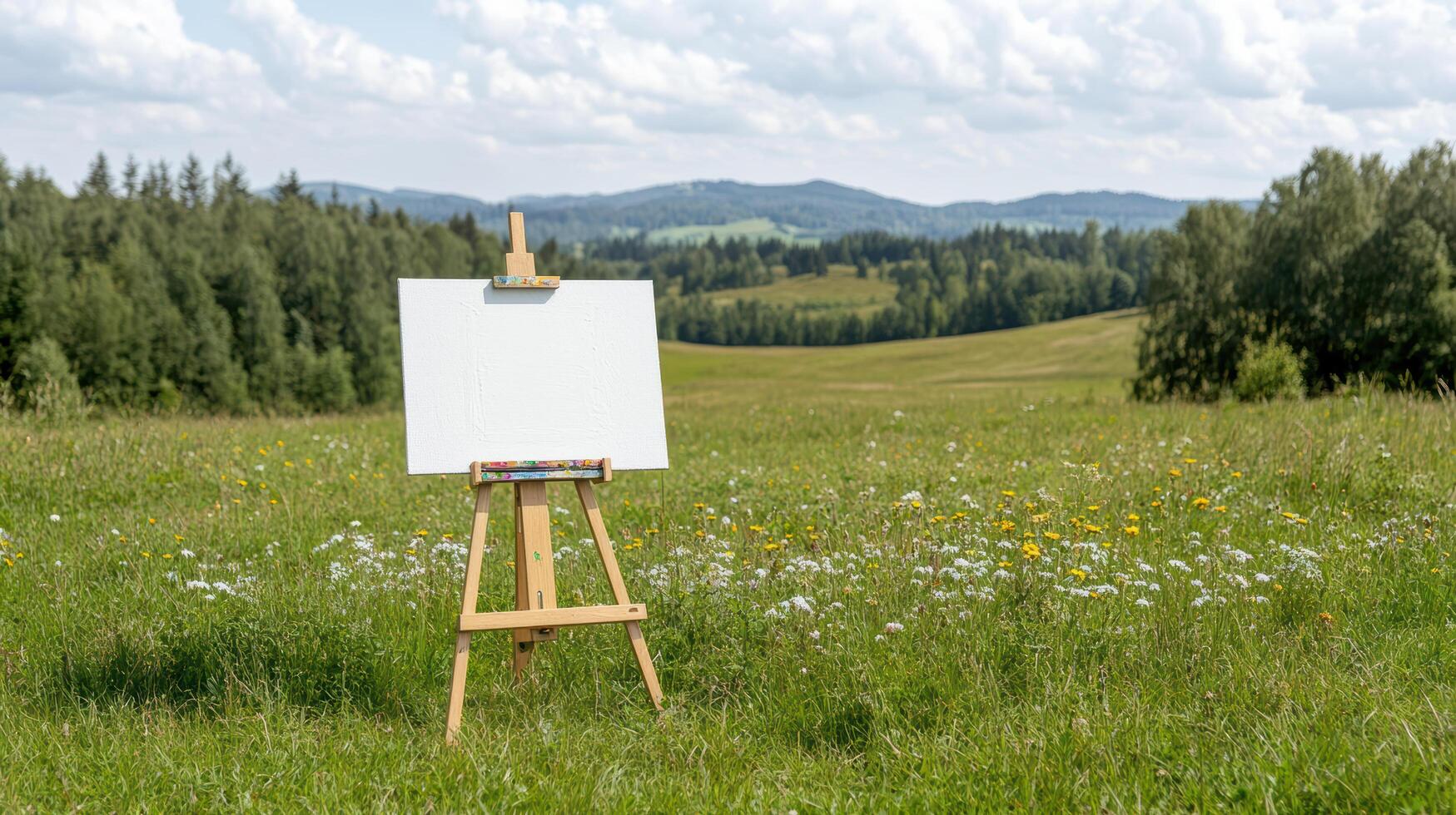 serene outdoor scene featuring empty canvas easel, surrounded by lush greenery and wildflowers photo
