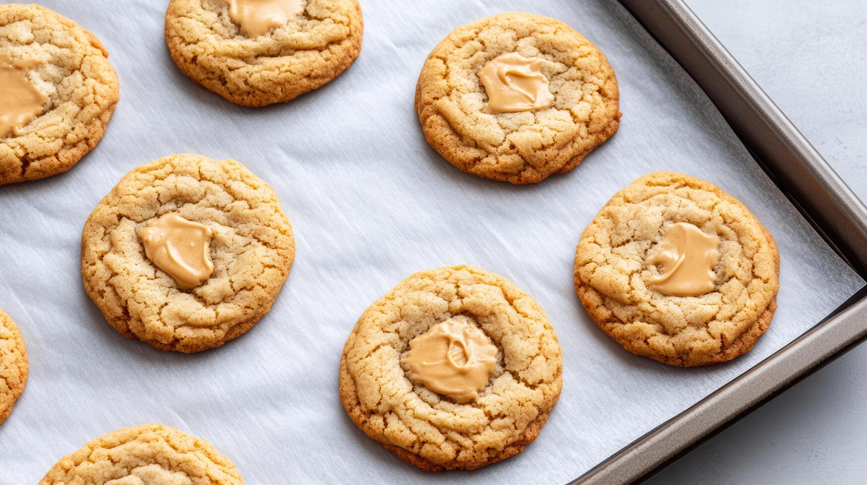 Freshly baked cookies with creamy swirl on top, perfect for sweet treat photo