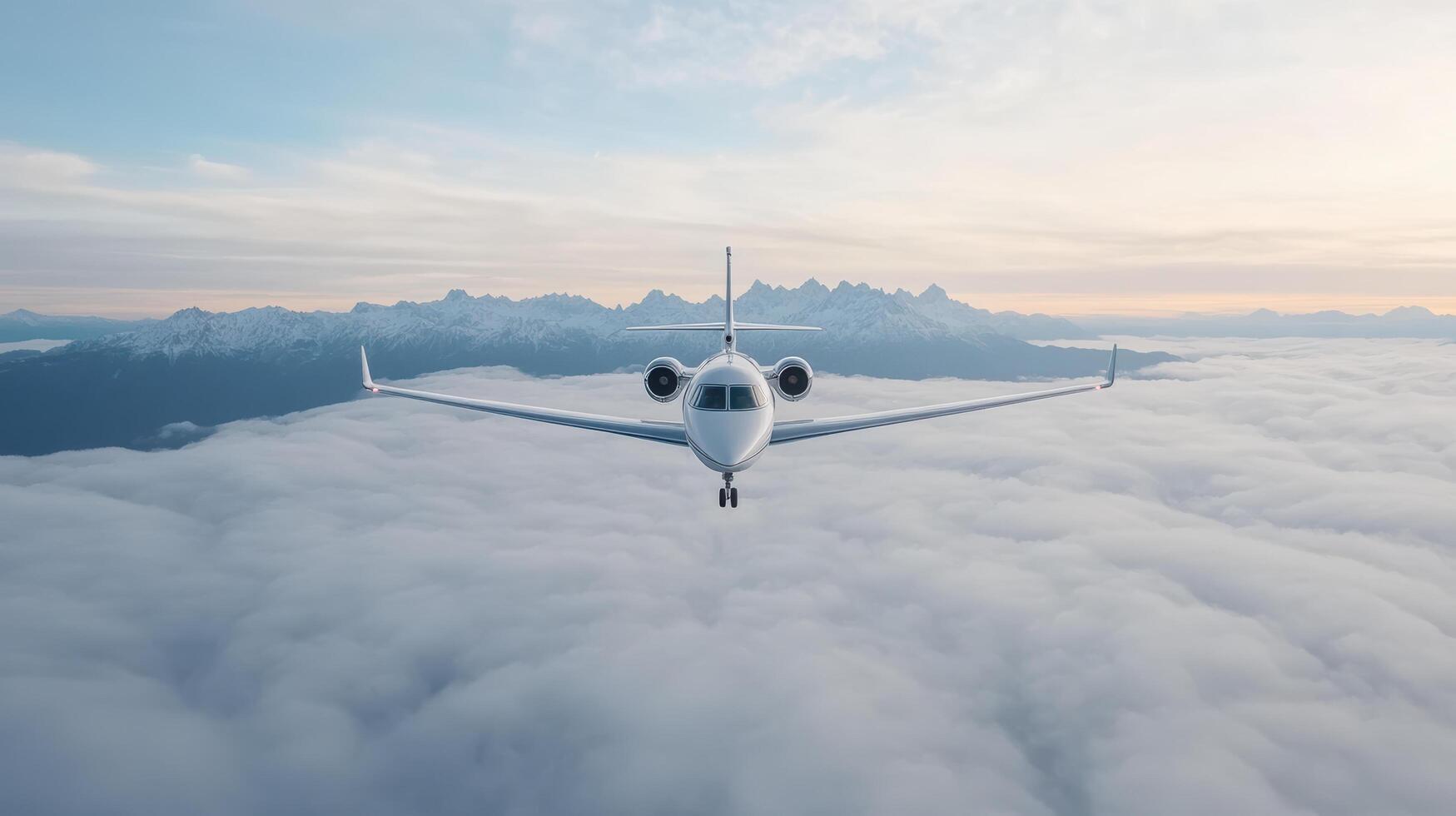 Aerial view of sleek aircraft flying above fluffy clouds with majestic mountains in background photo