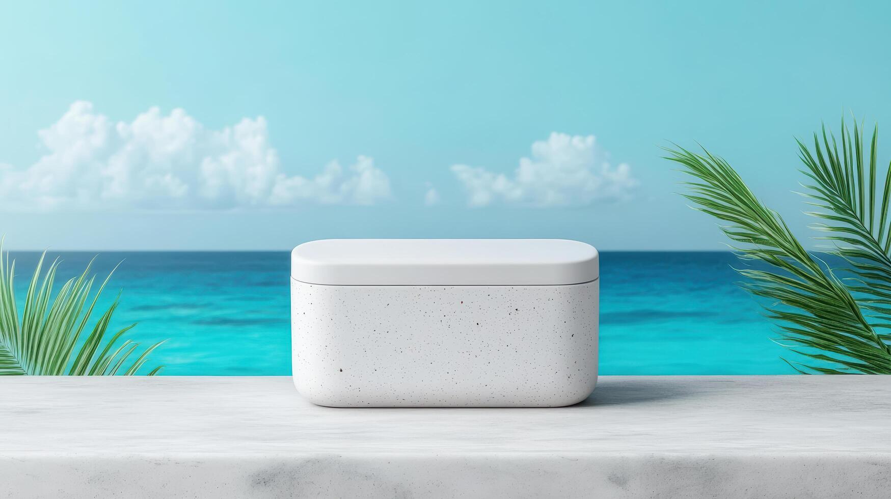 sleek, modern container sits on marble surface with vibrant ocean backdrop, evoking tranquility photo