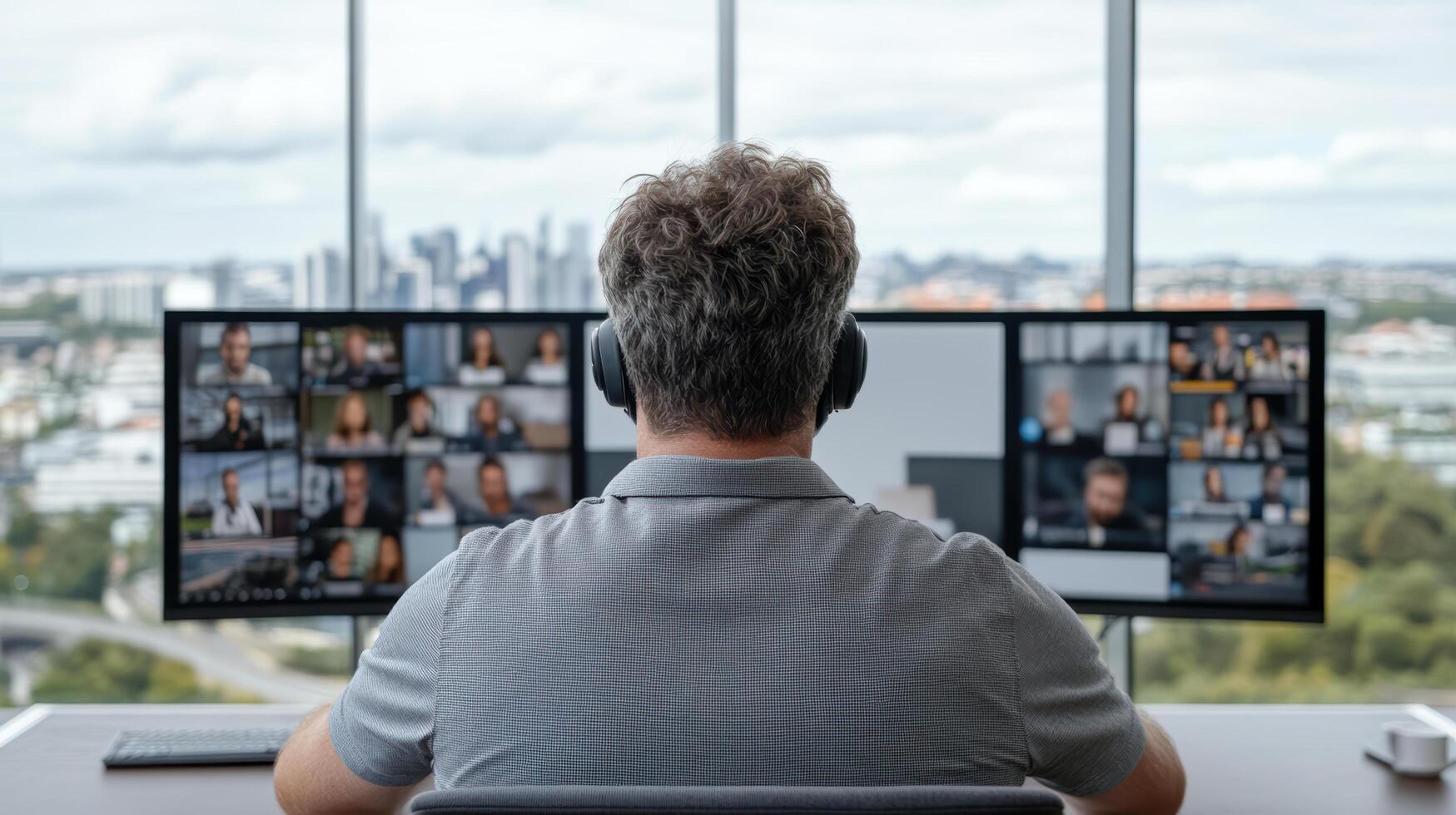 Remote team meeting with multiple participants screens, showcasing collaboration and technology photo