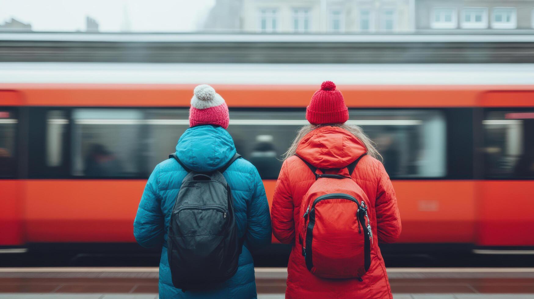 Two individuals wait train station, wearing colorful winter jackets and hats, as train passes by photo