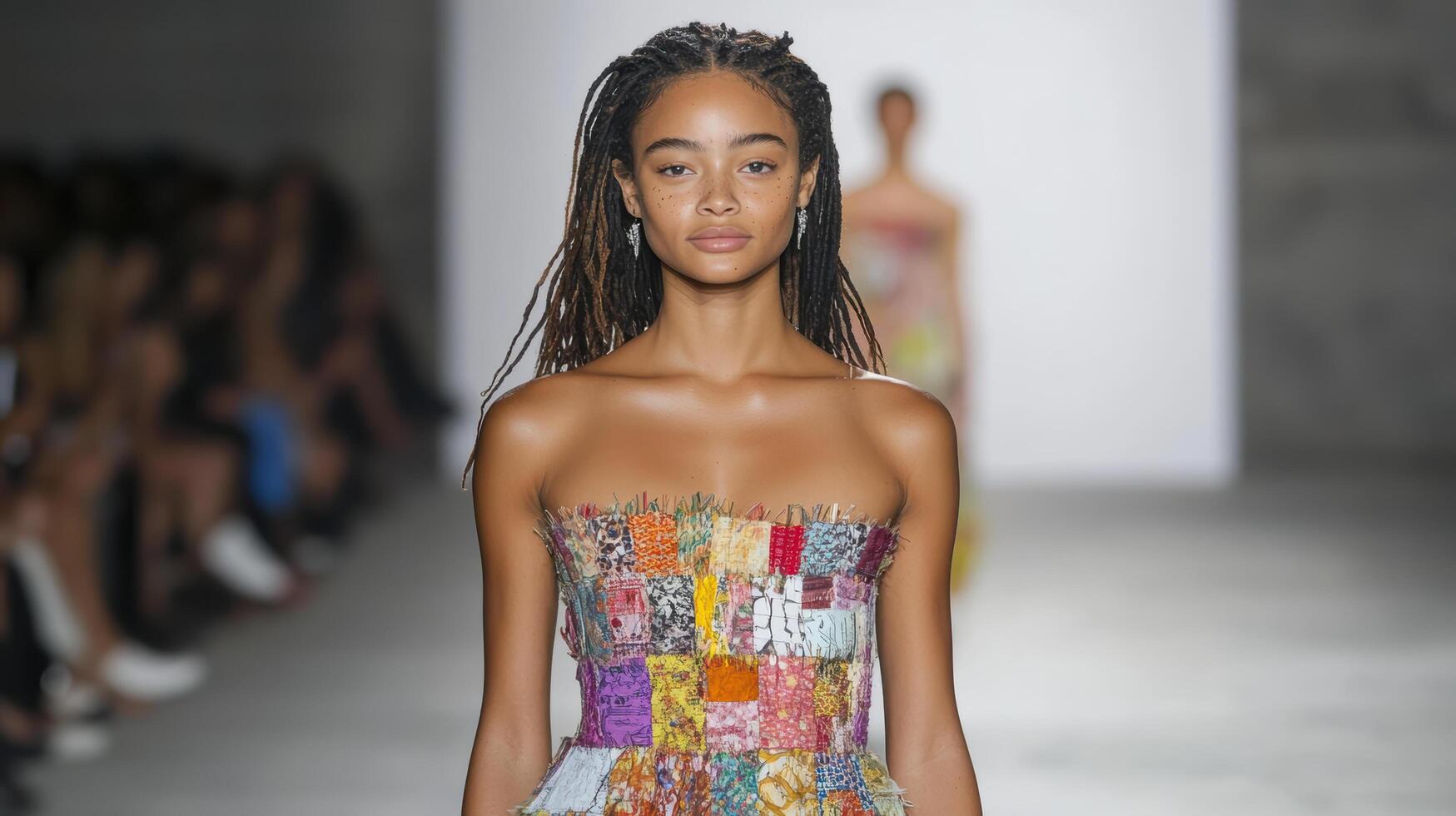vibrant look showcasing colorful patchwork dress made from various fabrics. model exudes photo