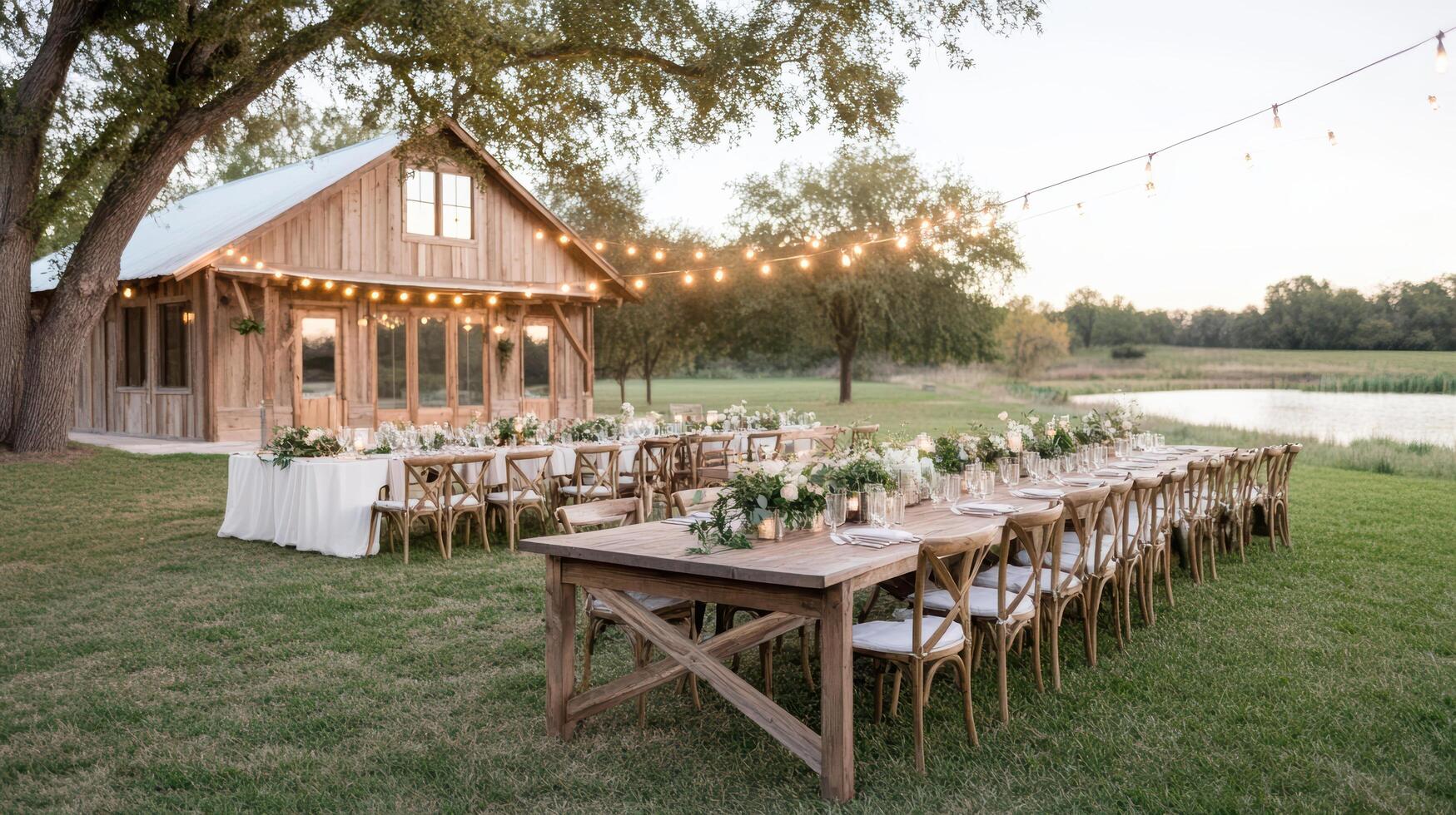 rustic outdoor dining area features elegant tables adorned with flowers, string lights photo